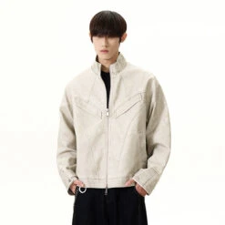 Panel-Stitch Faux Leather Racer Zip Jacket