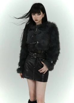 Faux Fur Cropped Coat With Leather Straps