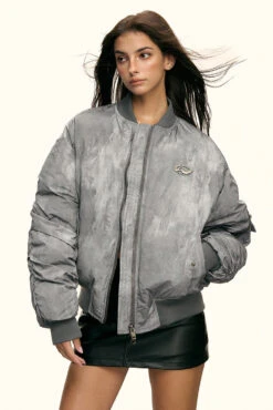 Oversized Faded Bomber Jacket With Ruched Sleeves And Utility Pockets -Modern Wear Shop 62100dfbf8429bbbbc341eb7a3df4981