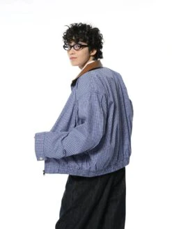 Gingham Two-Tone High-Collar Zip Bomber Jacket -Modern Wear Shop 621055418ac32e8309c3896ef02df09d