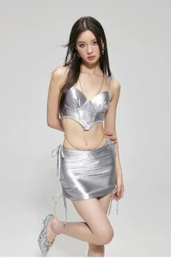 Metallic Silver Swim Set With Side-Tie Skirt -Modern Wear Shop 6230b5169ec4c4d4e1afa9daae1de88e
