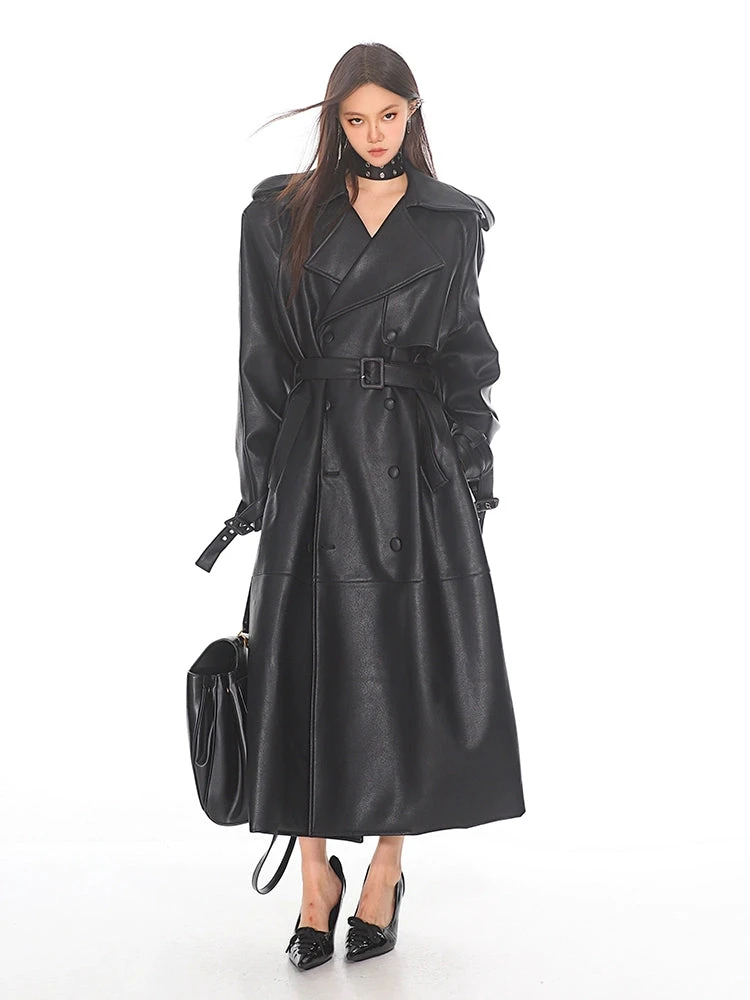 Oversized Belted Faux Leather Coat With Wide Lapels 5 Oversized Belted Faux Leather Coat With Wide Lapels - Image 5