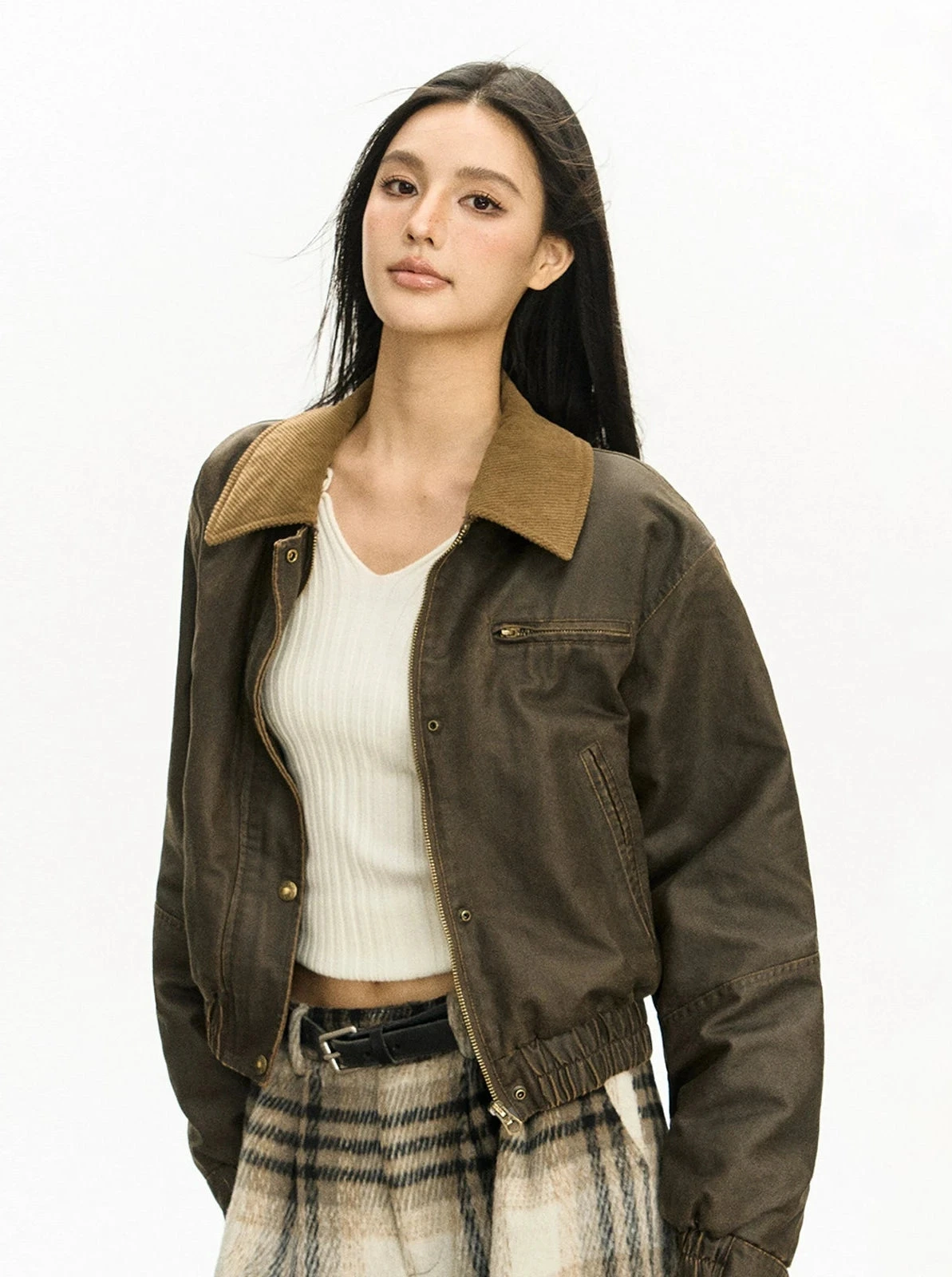 Contrast Corduroy Collar Faux Leather Zip Jacket 1 Contrast Corduroy Collar Faux Leather Zip Jacket