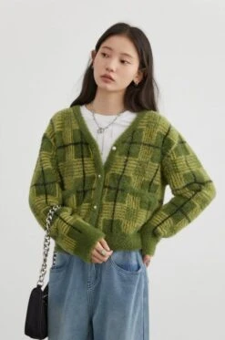 Fuzzy Plaid Cardigan With Pearl Buttons -Modern Wear Shop 626d3f7ed5bf69f40f3420cc368c2f68