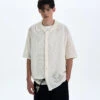 Textured Open Knit Button-Up Short Sleeve Shirt