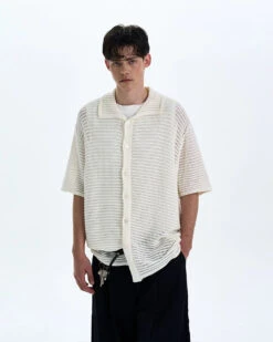 Textured Open Knit Button-Up Short Sleeve Shirt