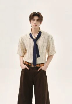 Textured Short Sleeve Button-Up Stripe Shirt With Chest Pocket And Necktie