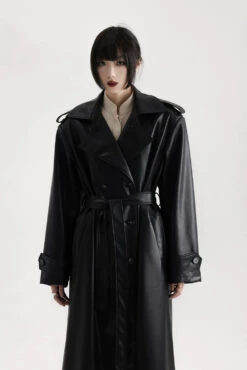 Longline Faux Leather Double Breasted Trench Coat -Modern Wear Shop 62a6623378901c5f64648121ee540741