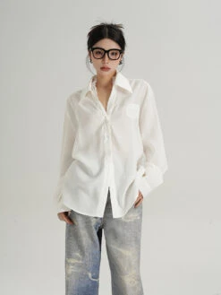 Lace Trim Button-Up Long Sleeve Blouse With Pocket