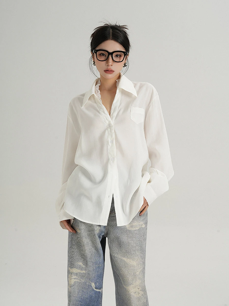 Lace Trim Button-Up Long Sleeve Blouse With Pocket 1 Lace Trim Button-Up Long Sleeve Blouse With Pocket