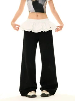 Ruffled Mock Skirt-Over-Pants Velvet Straight Pants -Modern Wear Shop 630f0511bb1544f27407f40b9a708f2c