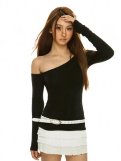 Asymmetric Off-Shoulder Long Sleeve Skinny Top -Modern Wear Shop 634c2e9e2aeba17280146c5bb60d50ad