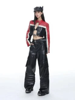 Racer Color-Block Cropped Leather Zip Jacket -Modern Wear Shop 635a3c9e339366c7aab293f4353407c9