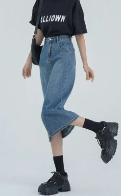 Classic Midi Denim Skirt With Front Slit -Modern Wear Shop 635a59e5e3334948e669173e6d193610