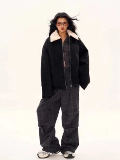 Oversized Contrast Shearling Collar Zip Jacket -Modern Wear Shop 637a6bdf50a9be355e47da841cf2a57f