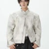 Sand-Effect Boxy Faux Leather Jacket With Zippered Cuffs
