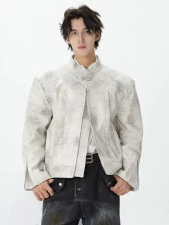 Sand-Effect Boxy Faux Leather Jacket With Zippered Cuffs
