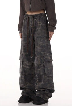 Vintage Camo Print Cargo Pants With Elastic Waist