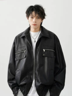 Oversized Leather Collared Bomber Jacket With Zip Pockets -Modern Wear Shop 641b733b040ce9f7502e9cff1185e077