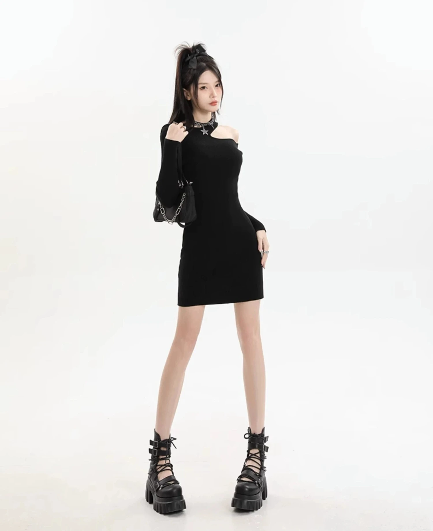 Asymmetric Collar Long Sleeve Bodycon Mini Dress 11 Asymmetric Collar Long Sleeve Bodycon Mini Dress - Image 11