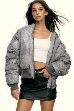 Oversized Faded Bomber Jacket With Ruched Sleeves And Utility Pockets -Modern Wear Shop 647bfc2870613d51997d6f0fc7fb1443