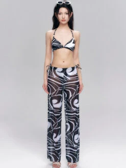 Abstract Print Triangle Bikini With Side-Tie Sheer Bottoms