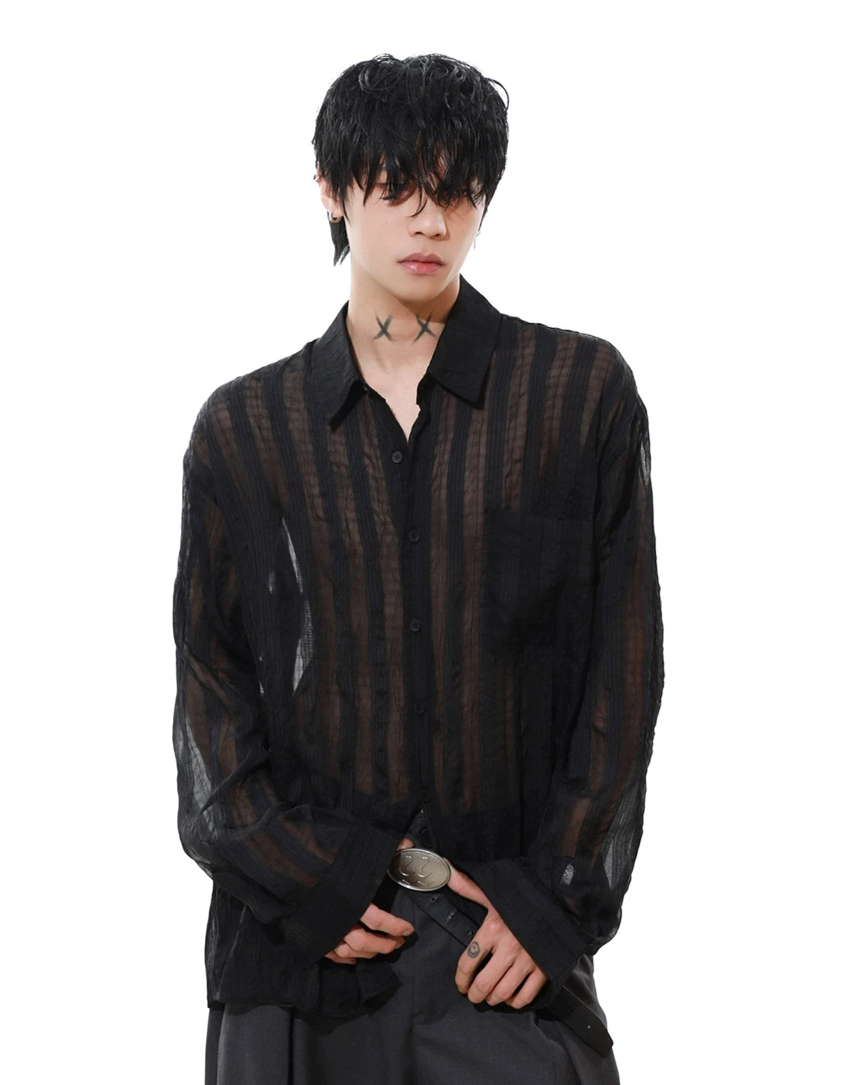 Sheer Striped Button-Up Long Sleeve Shirt With Chest Pocket 6 Sheer Striped Button-Up Long Sleeve Shirt With Chest Pocket - Image 6