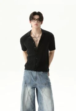 Cable Knit Button-Up Short Sleeve Shirt With Open Collar -Modern Wear Shop 64e671b8e5caee3bbb837d7cf173946c