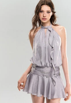 Shimmer Halter Neck Flared Ruffle Mini Dress -Modern Wear Shop 65053f86ed2b33ab3bbbd2325ef58e29