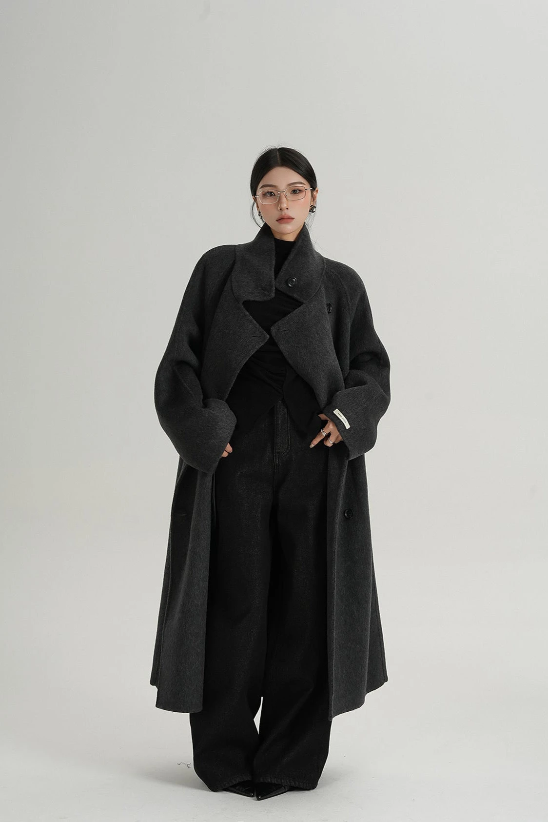 Asymmetric Button Belted Long Coat 3 Asymmetric Button Belted Long Coat - Image 3
