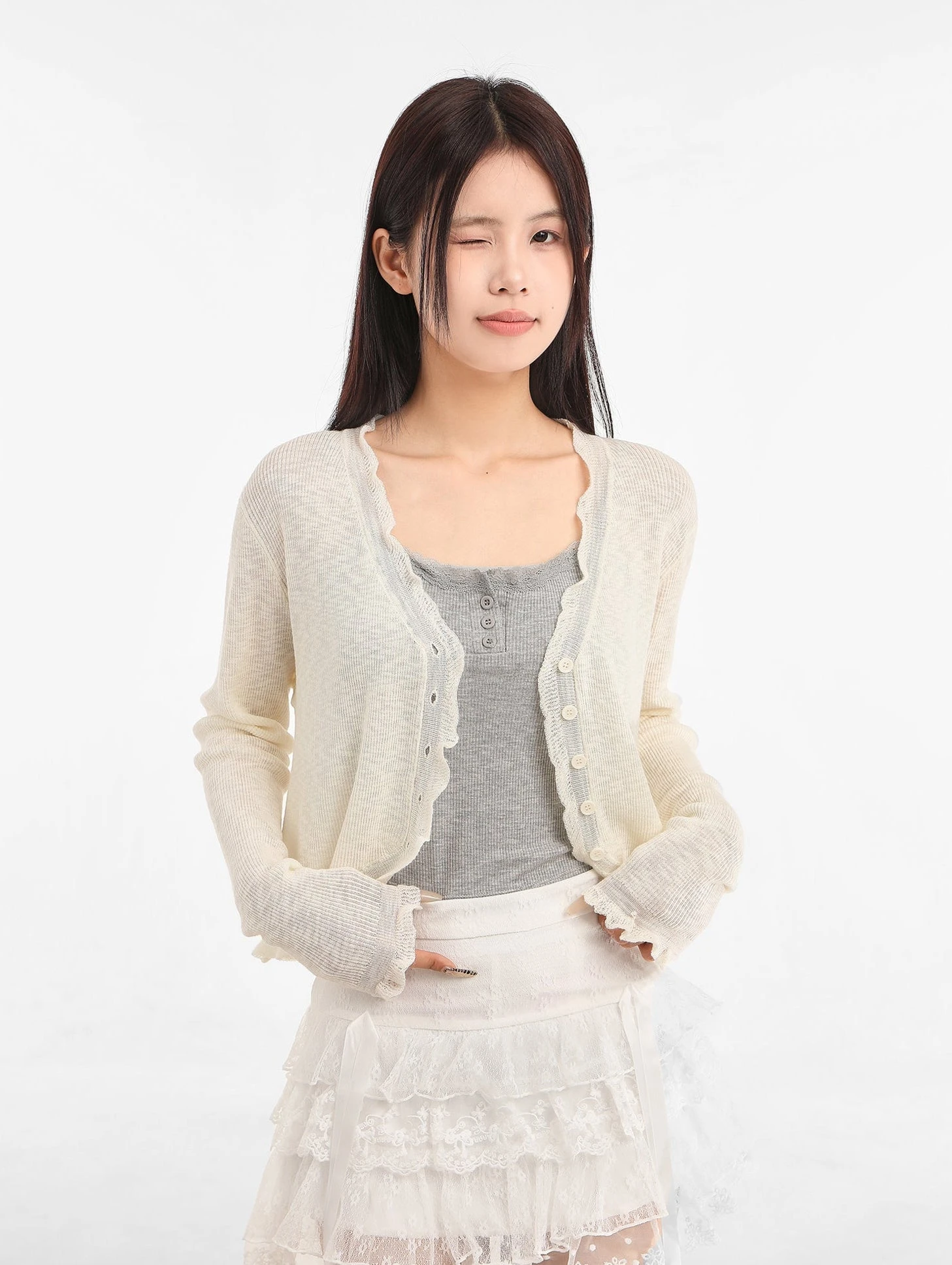 Scallop Hem Sheer Cropped Cardigan 8 Scallop Hem Sheer Cropped Cardigan - Image 8