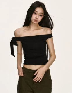 Off Shoulder Ribbed Knit Top With Side Bow Detail -Modern Wear Shop 65dd7ddcd2982cd3bc505cd5b7044463