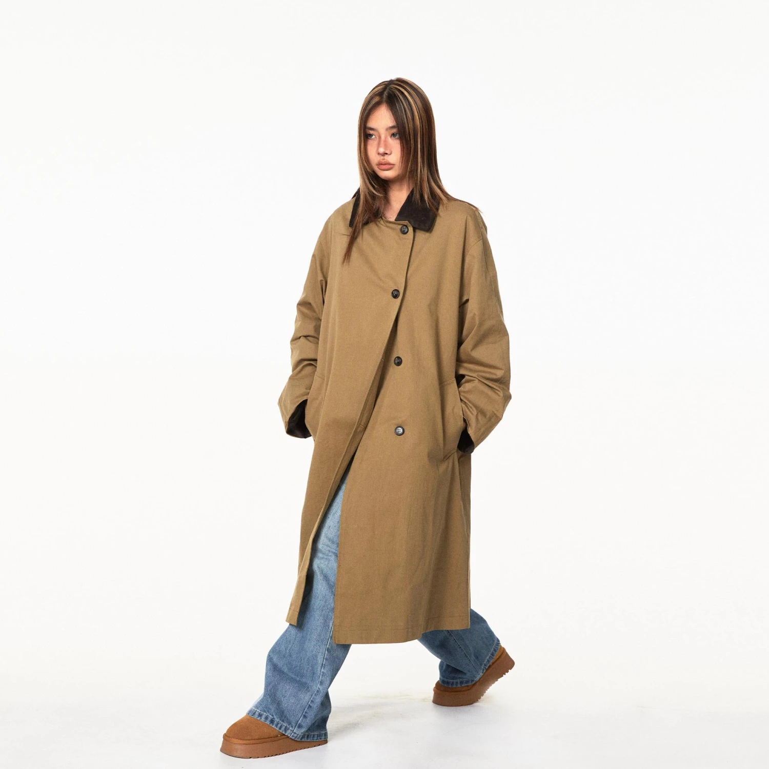 Contrast Corduroy Collar Oversized Single-Breasted Trench Coat With 4 Contrast Corduroy Collar Oversized Single-Breasted Trench Coat With - Image 4