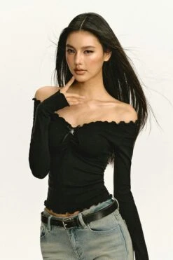 Scalloped Neckline Ribbed Long Sleeve Top -Modern Wear Shop 6624901fa7714ef6b21452958129696d