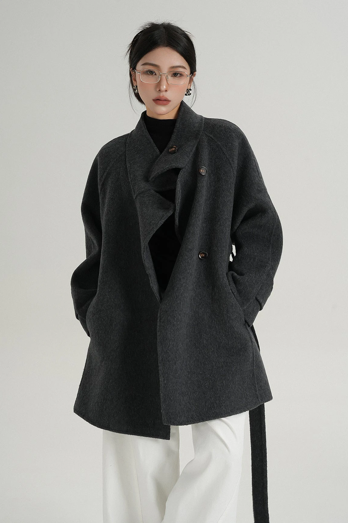 High Collar Asymmetric Button Coat With Belt 7 High Collar Asymmetric Button Coat With Belt - Image 7