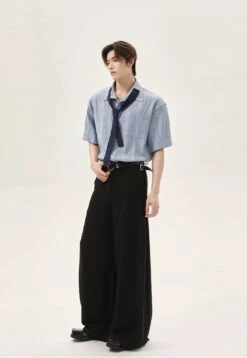 Textured Short Sleeve Button-Up Stripe Shirt With Chest Pocket And Necktie -Modern Wear Shop 668fc96a57eafaee3fb77eb42fc602e3