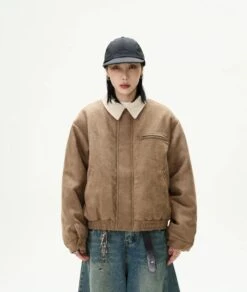 Suede Bomber Jacket With Contrast Corduroy Collar