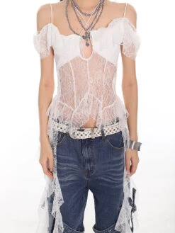 Lace Overlay Off-Shoulder Cropped Top With Hanging Ruffles -Modern Wear Shop 66eb099392fdd6e3c56d4ad8155821ed