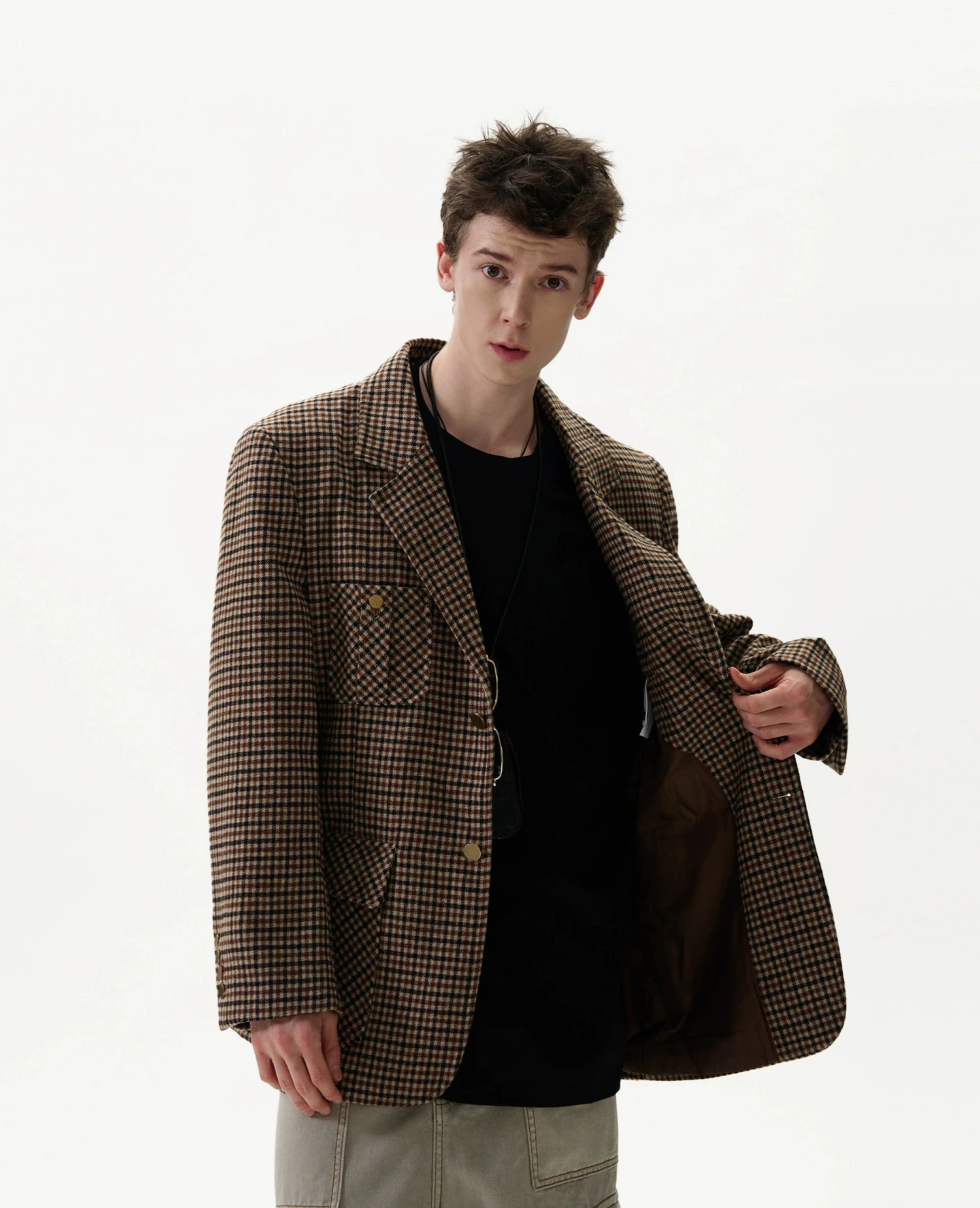 Checker Pattern Single-Breasted Blazer Jacket 5 Checker Pattern Single-Breasted Blazer Jacket - Image 5