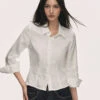 Linen Button-Up Collared Shirt With Cropped Sleeves