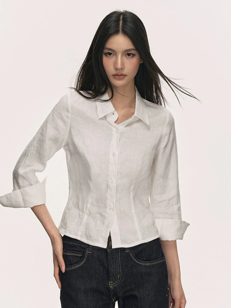 Linen Button-Up Collared Shirt With Cropped Sleeves 1 Linen Button-Up Collared Shirt With Cropped Sleeves