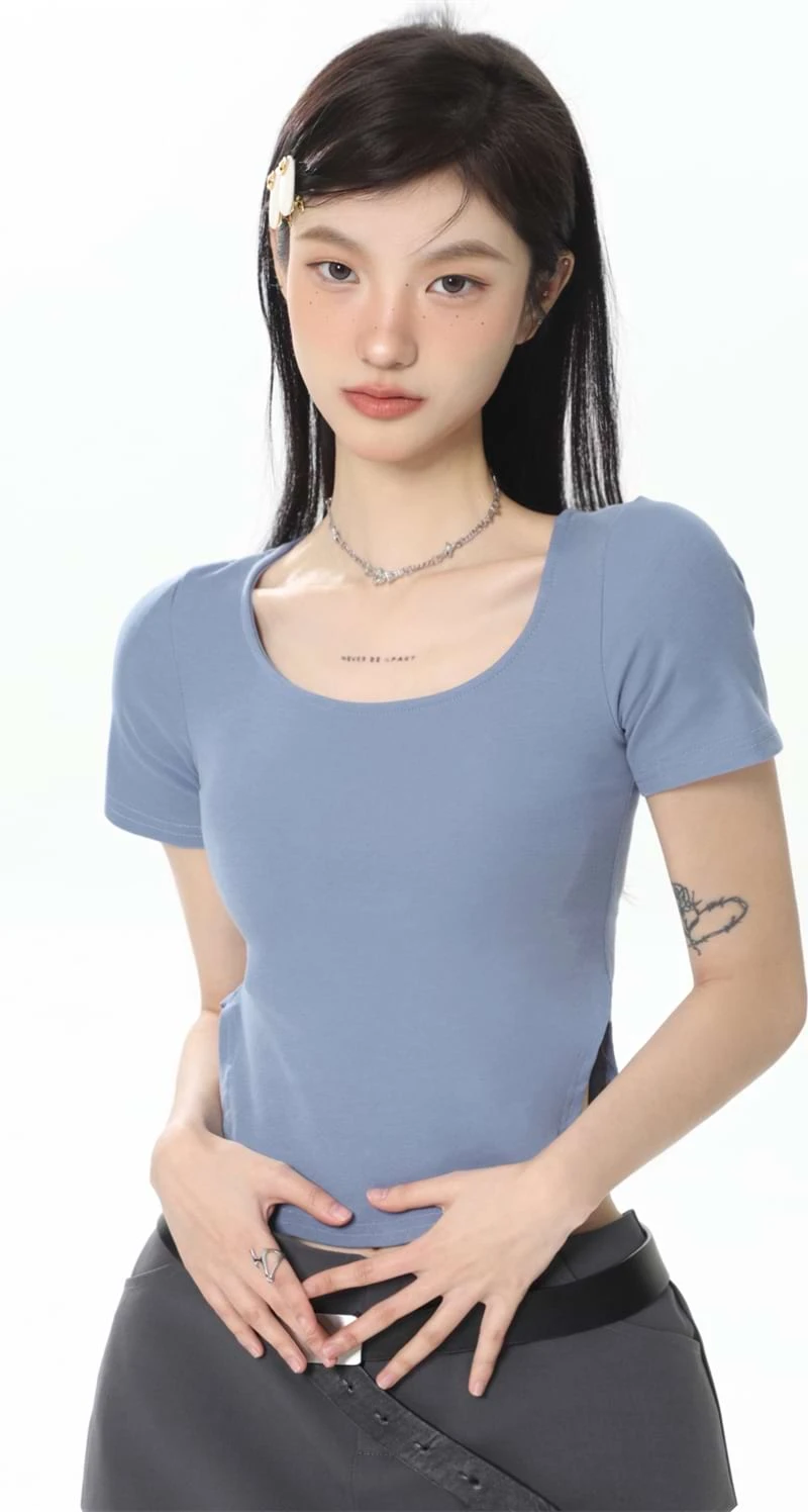 Cropped U-Neck Curve Hem Baby Tee 8 Cropped U-Neck Curve Hem Baby Tee - Image 8