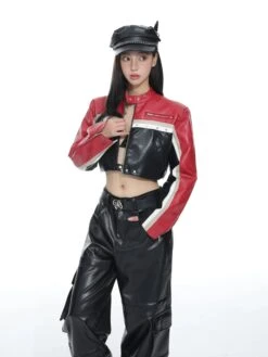 Racer Color-Block Cropped Leather Zip Jacket -Modern Wear Shop 67c89e4e6b04093d6b2351af6c0de1f5