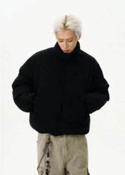 Textured Mid-Crop Puffer Jacket With Ribbed Pocket Details -Modern Wear Shop 683735deb4060180001692b14a011d77