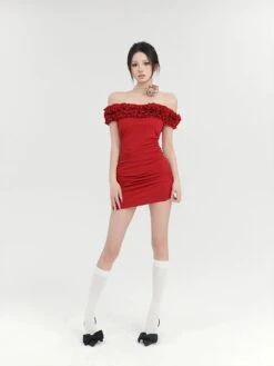 Off-Shoulder Ruffle Trim Bodycon Mini Dress -Modern Wear Shop 686631ba2859059ad3ea9650d4a53ba0