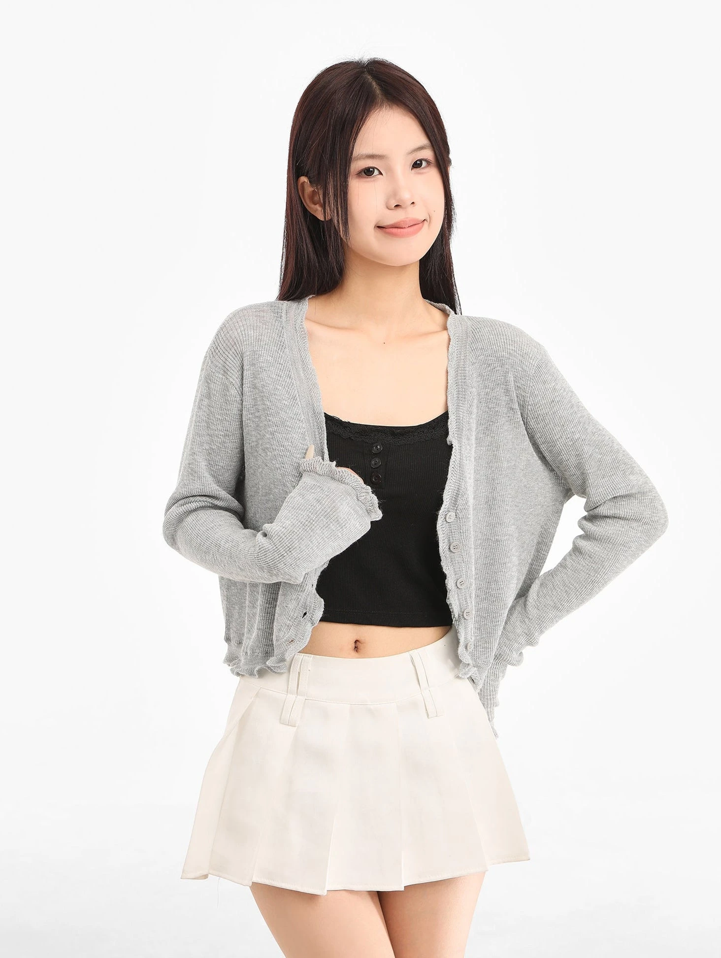 Scallop Hem Sheer Cropped Cardigan 2 Scallop Hem Sheer Cropped Cardigan - Image 2