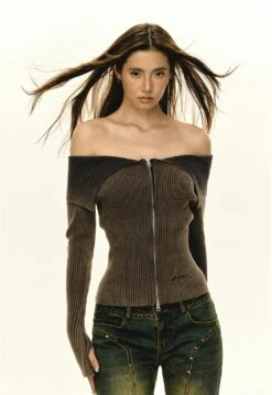 Off-Shoulder Ribbed Gradient Knit Zip-up Sweater 16 Off-Shoulder Ribbed Gradient Knit Zip-up Sweater -Modern Wear Shop 68f604563ca2afd5ac6260327a2713a5