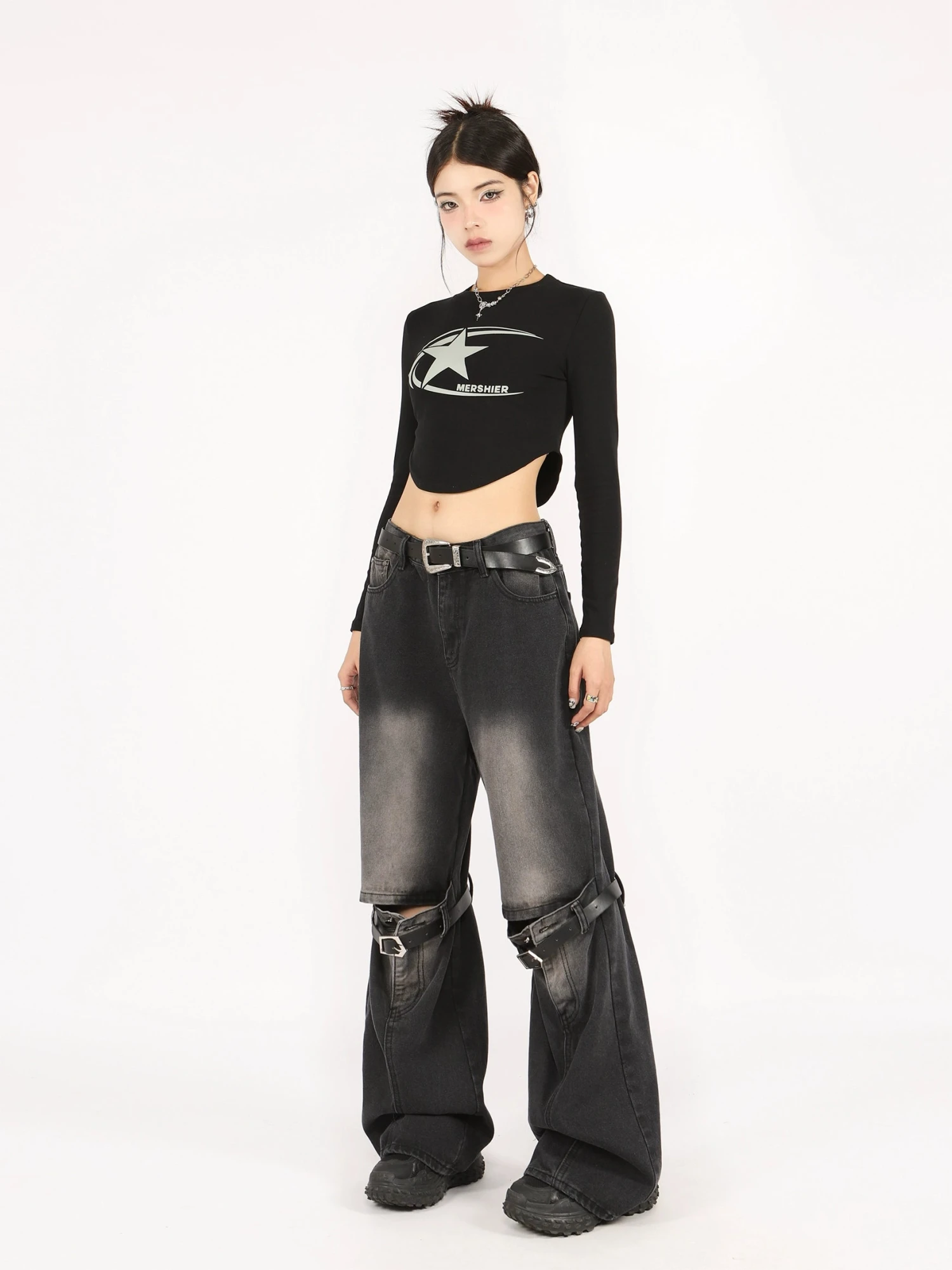 Button Belted Knee-Cutout Straight Faded Jeans 13 Button Belted Knee-Cutout Straight Faded Jeans - Image 13