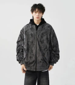 Abstract Print Bomber Jacket With Ruched Sleeve