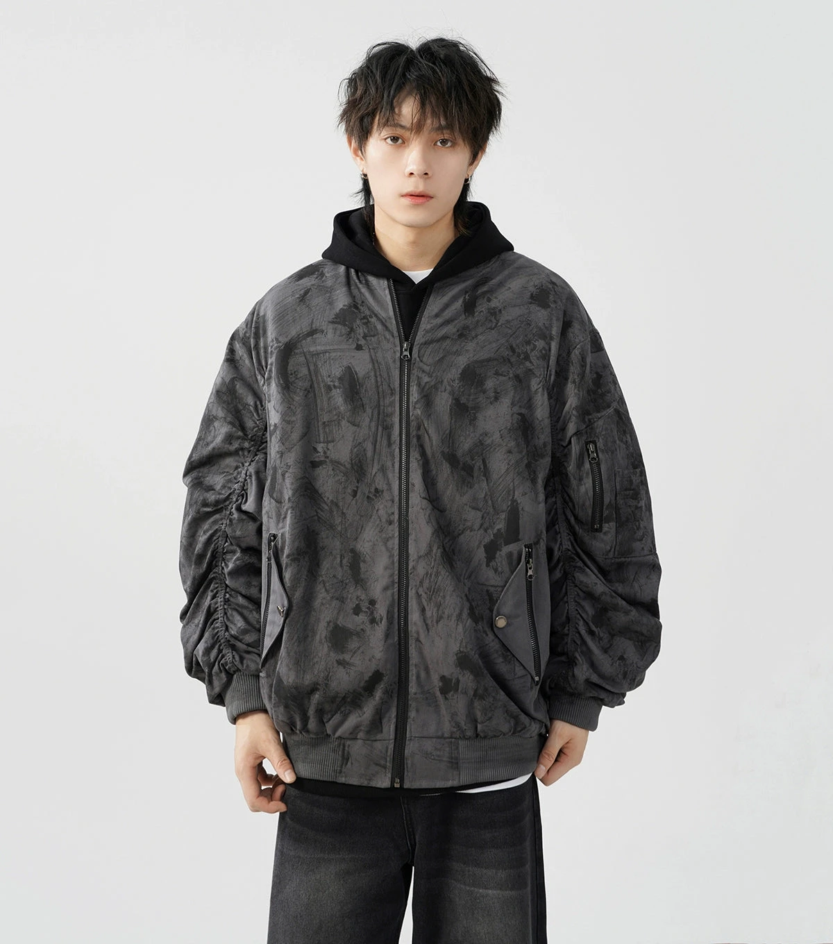 Abstract Print Bomber Jacket With Ruched Sleeve 1 Abstract Print Bomber Jacket With Ruched Sleeve